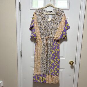 ODDY Mixed Floral & Leopard Print Midi Dress in Purple and Tan